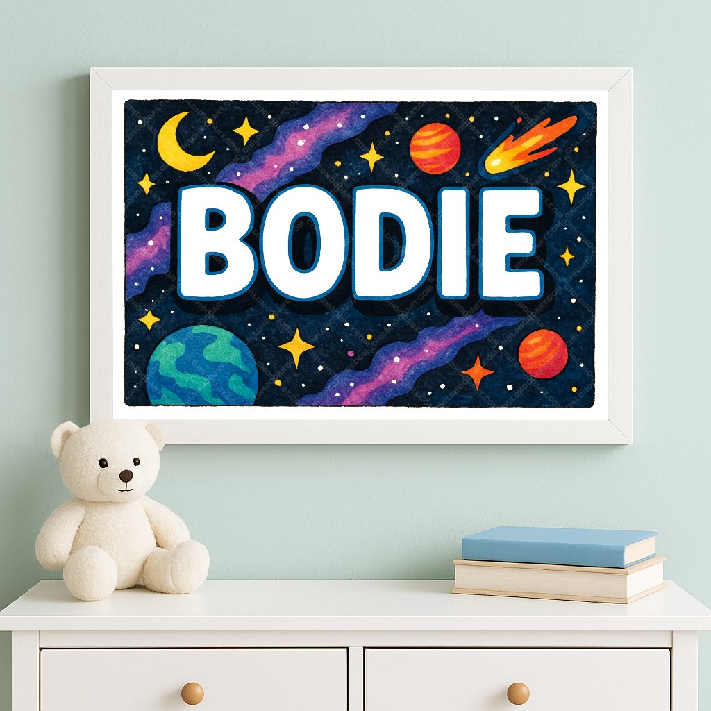 Personalized space nursery art for kids – Bodie name print