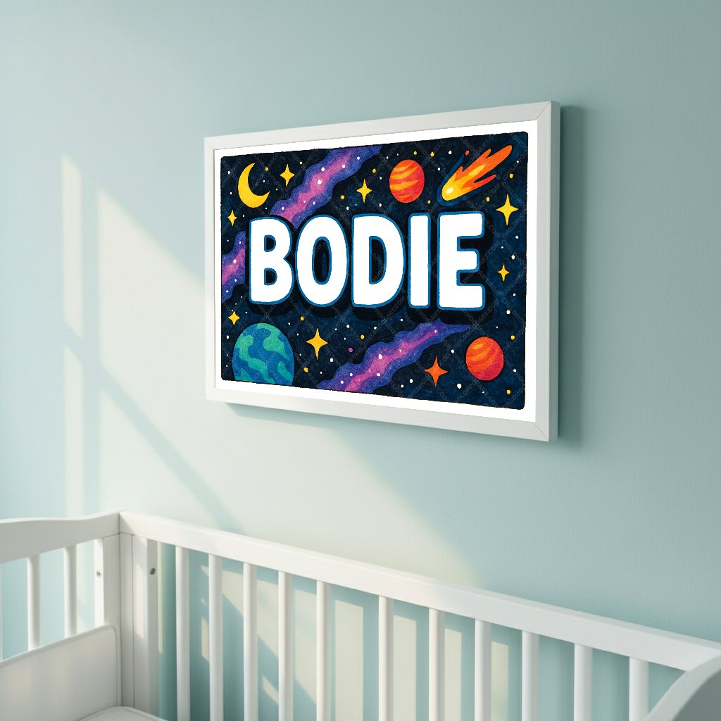 Personalized space nursery art for kids – Bodie name print
