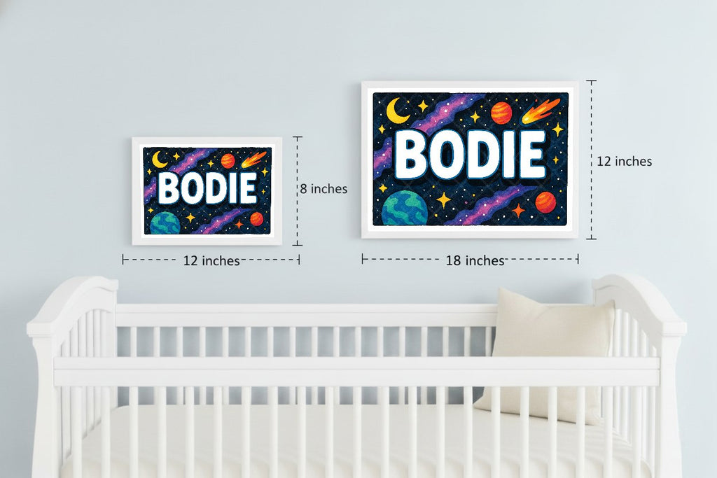 Personalized space nursery art for kids – Bodie name print