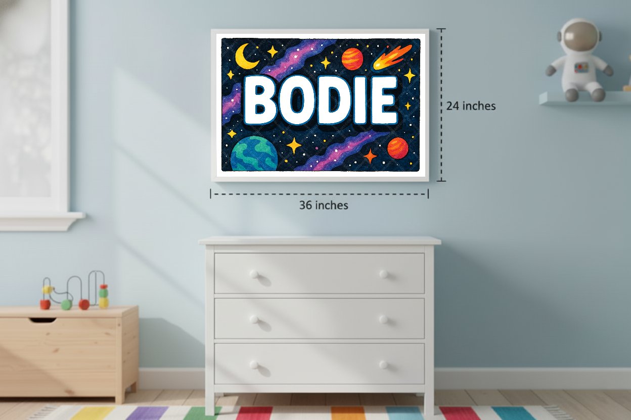 Personalized space nursery art for kids – Bodie name print