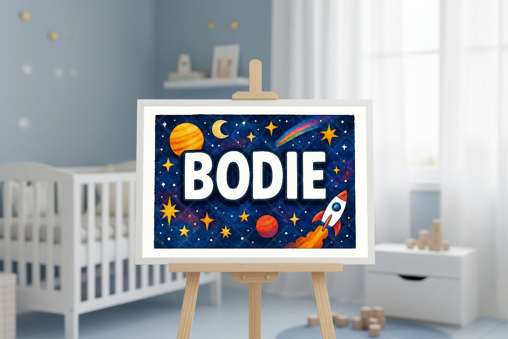 Personalized space nursery art for kids – Bodie name print