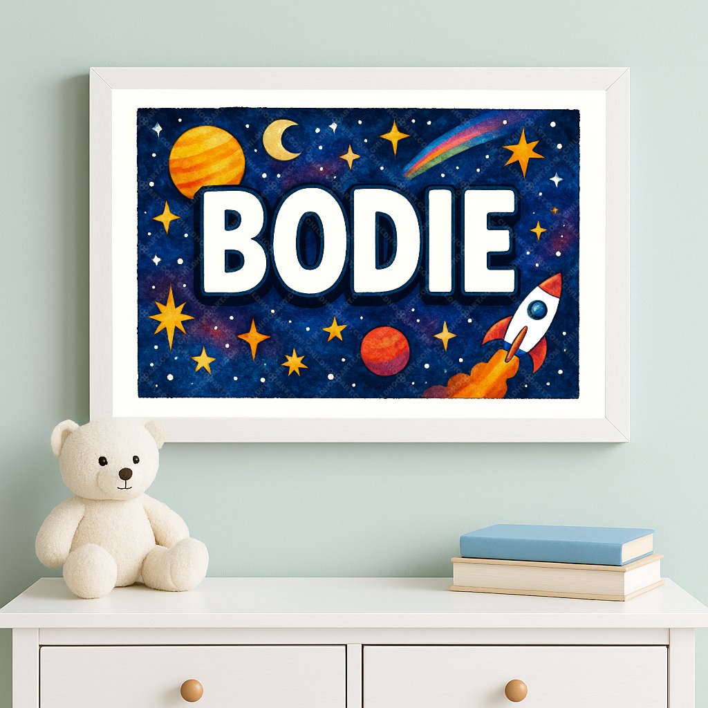 Personalized space nursery art for kids – Bodie name print