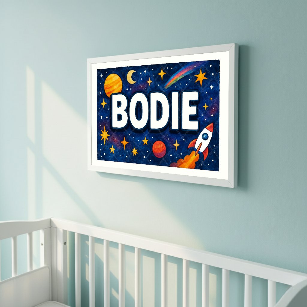 Personalized space nursery art for kids – Bodie name print