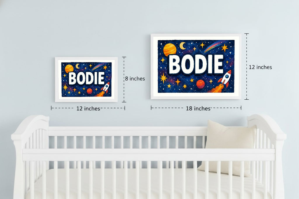 Personalized space nursery art for kids – Bodie name print