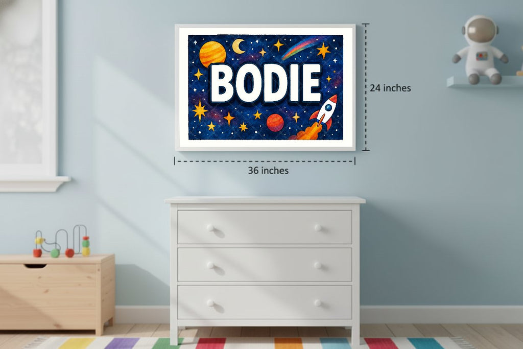 Personalized space nursery art for kids – Bodie name print