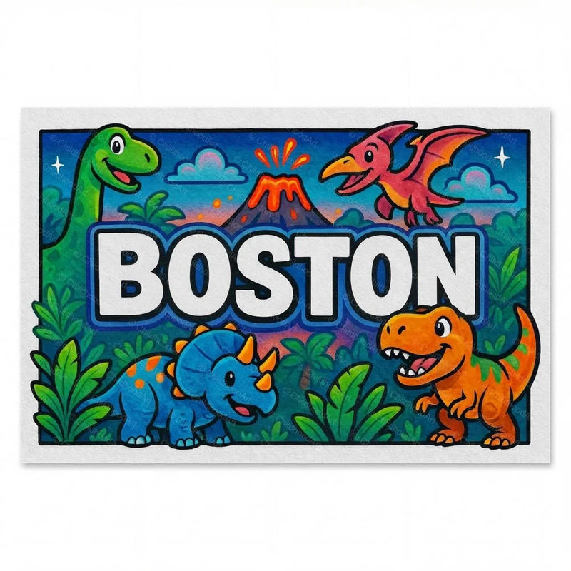 Boston Name Art - Dinosaur Adventure personalized wall print for kids