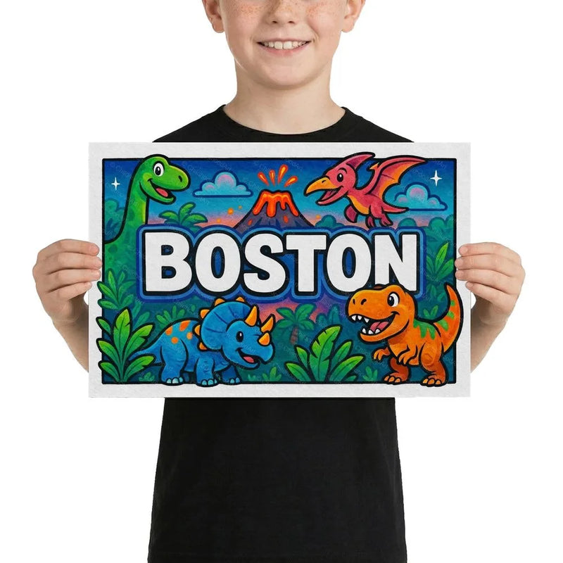 Boston Name Art - Dinosaur Adventure personalized wall print for kids