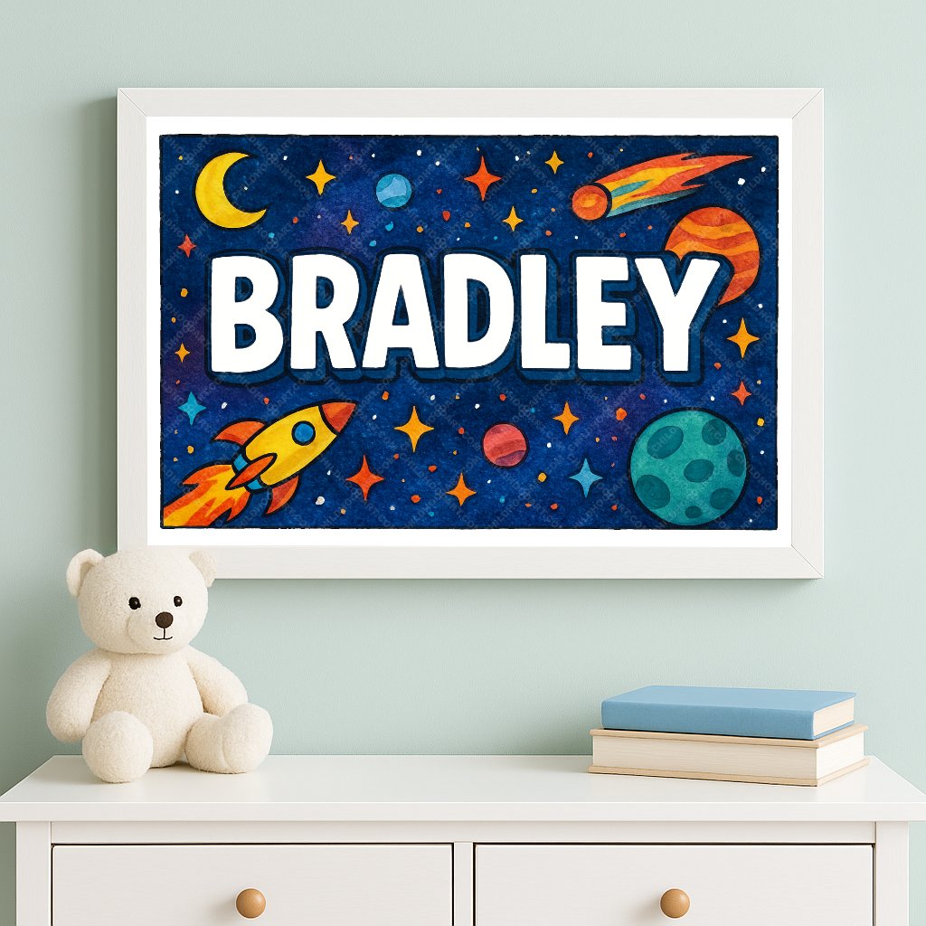 Personalized space nursery art for kids – Bradley name print