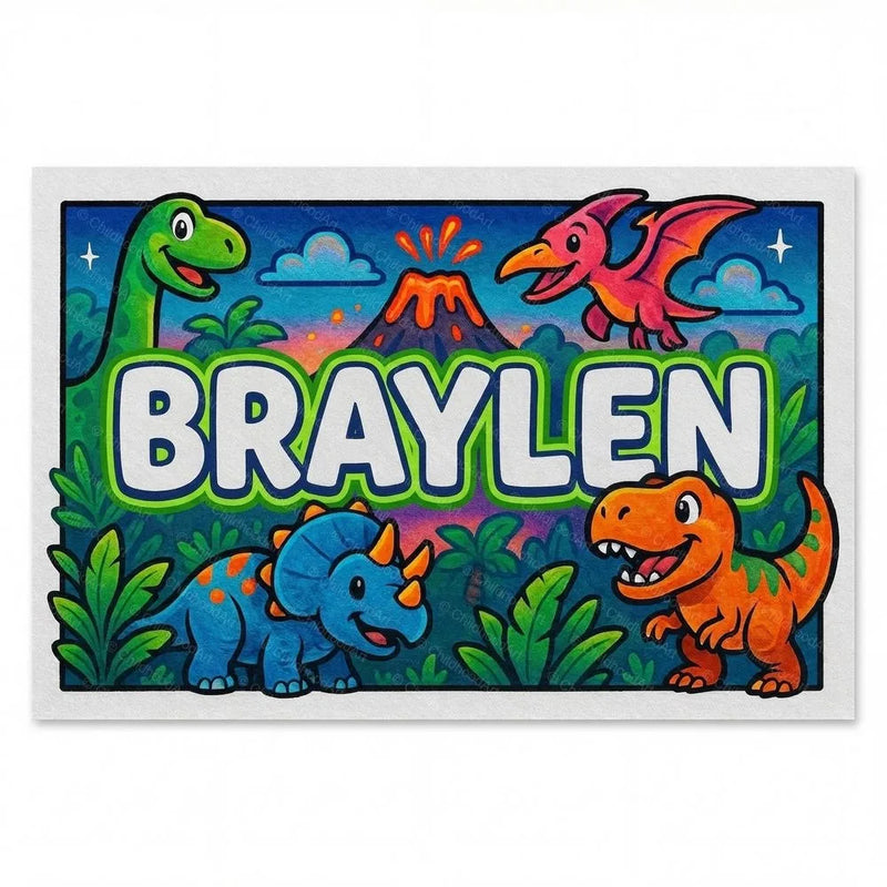 Braylen Name Art - Dinosaur Adventure personalized wall print for kids