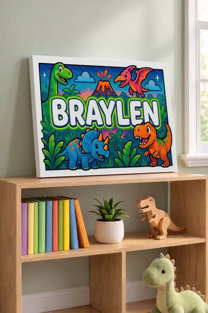 Braylen Name Art - Dinosaur Adventure personalized wall print for kids