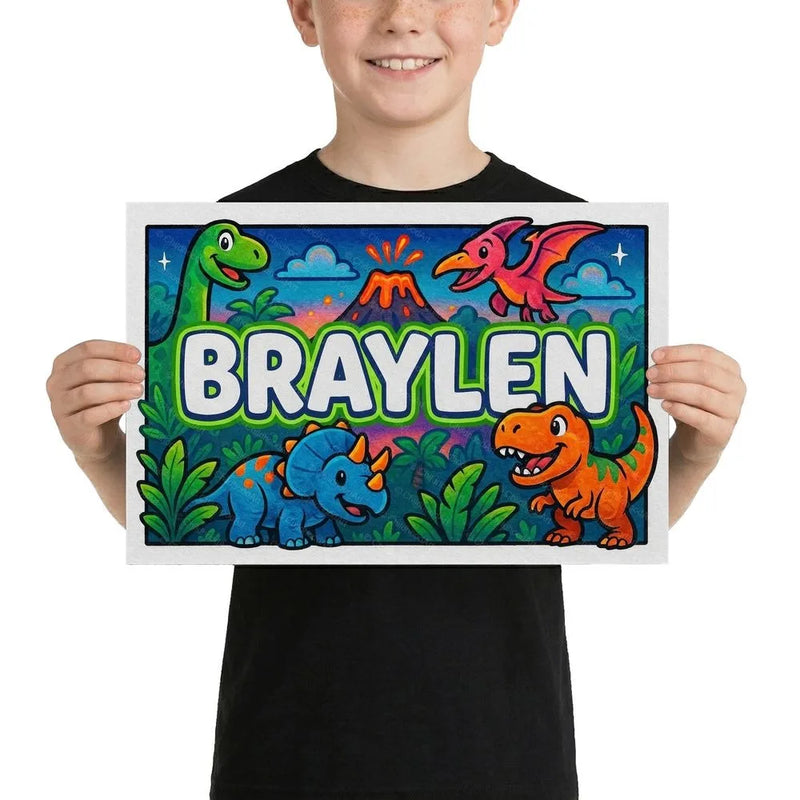 Braylen Name Art - Dinosaur Adventure personalized wall print for kids