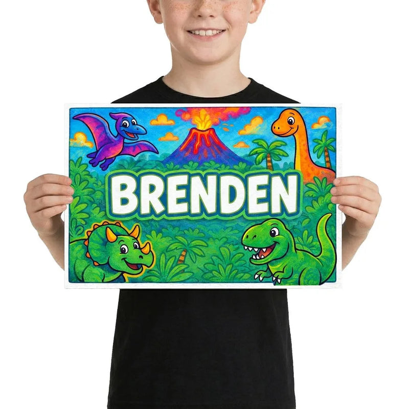 Brenden Name Art - Dinosaur Adventure personalized wall print for kids