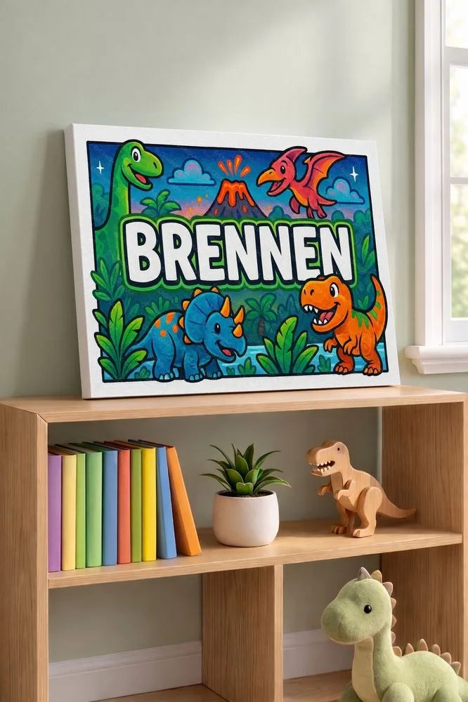 Brennen Name Art - Dinosaur Adventure personalized wall print for kids