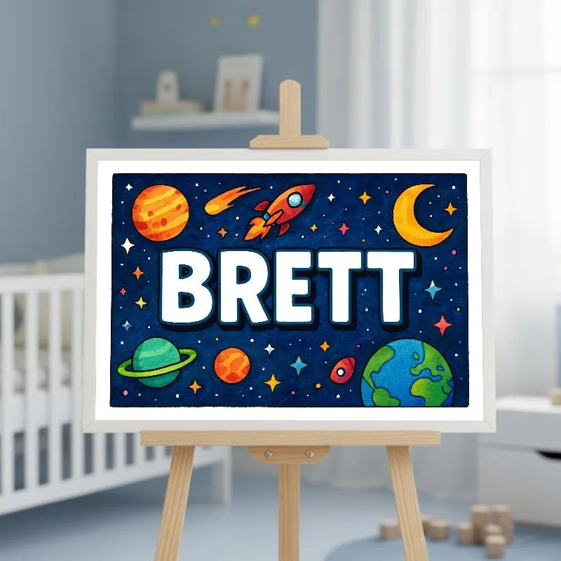 Brett Name Art - Space Explorers personalized wall print for kids