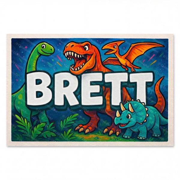 Personalized Brett name art print in the Dinosaur adventure style