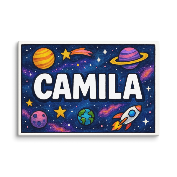 Space explorers themed name art featuring Camila
