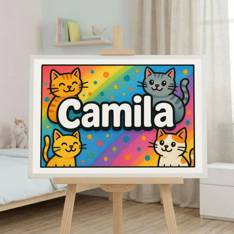 Camila Name Art - Colorful Cats personalized wall print for kids