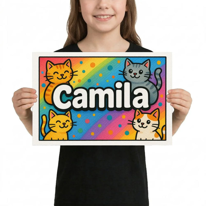 Camila Name Art - Colorful Cats personalized wall print for kids