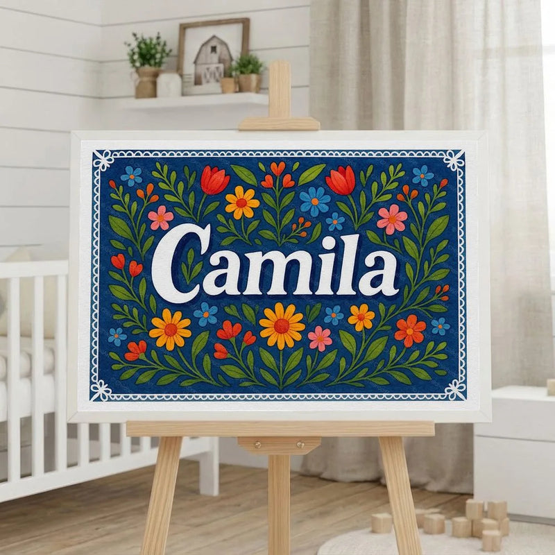 Camila Name Art - Floral Farmhouse personalized wall print for kids
