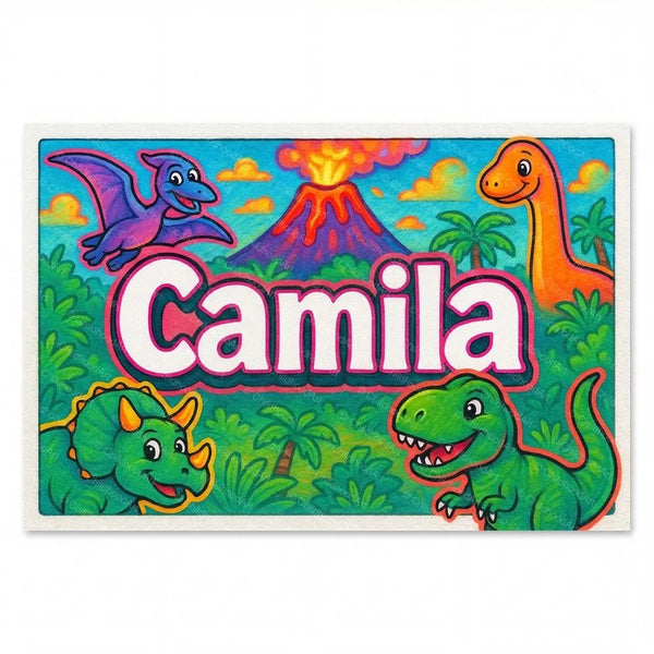 Personalized Camila name art print in the Dinosaur adventure style