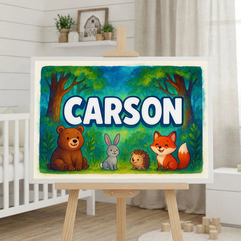 Carson Name Art - Forest Friends personalized wall print for kids