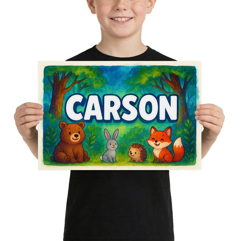 Carson Name Art - Forest Friends personalized wall print for kids