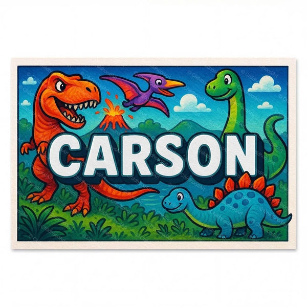 Personalized Carson name art print in the Dinosaur adventure style