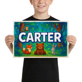 Carter Name Art - Forest Friends personalized wall print for kids