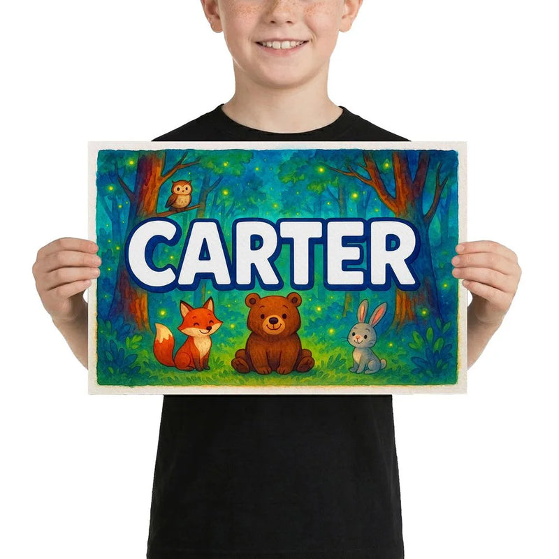 Carter Name Art - Forest Friends personalized wall print for kids