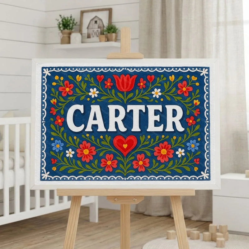 Carter Name Art - Floral Farmhouse personalized wall print for kids