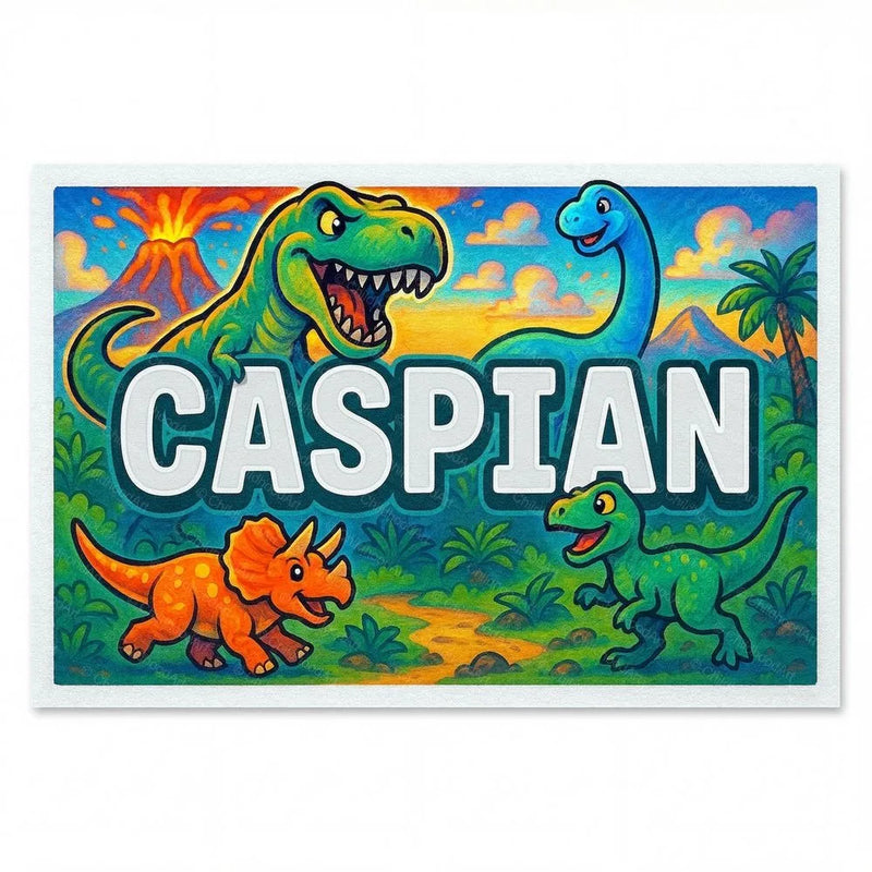 Caspian Name Art - Dinosaur Adventure personalized wall print for kids