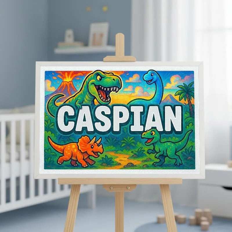 Caspian Name Art - Dinosaur Adventure personalized wall print for kids