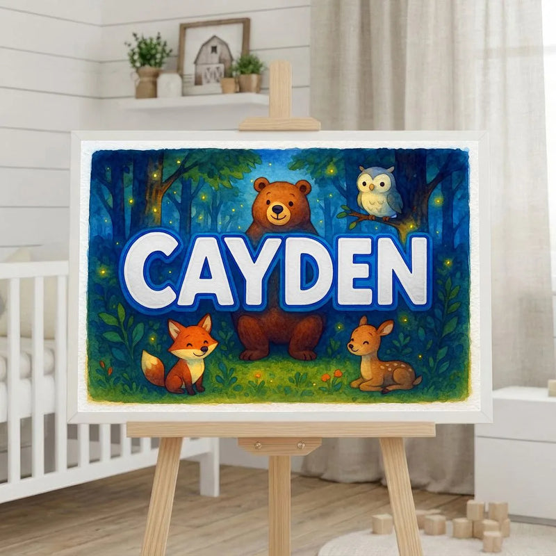 Cayden Name Art - Forest Friends personalized wall print for kids