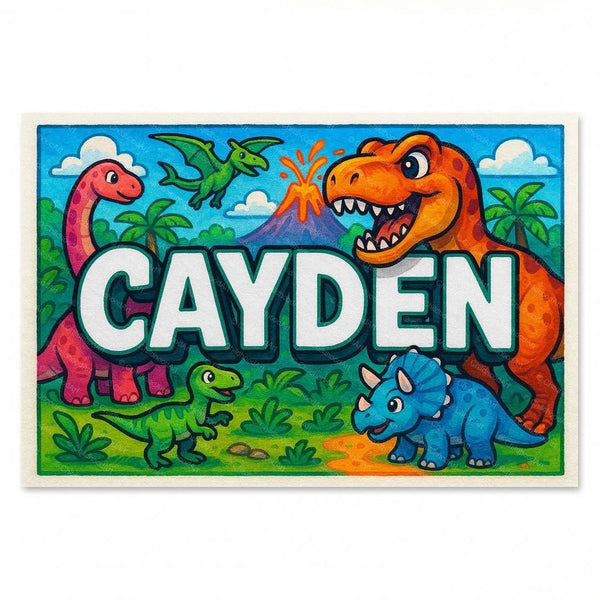 Personalized Cayden name art print in the Dinosaur adventure style