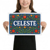Celeste Name Art - Floral Farmhouse personalized wall print for kids