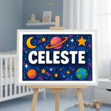 Celeste Name Art - Space Explorers personalized wall print for kids