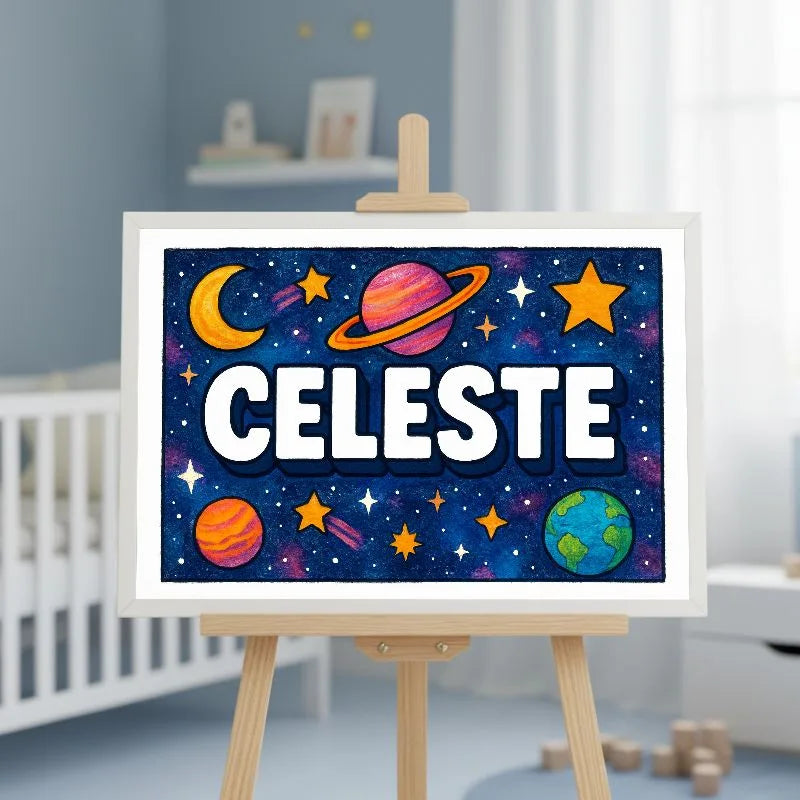 Celeste Name Art - Space Explorers personalized wall print for kids