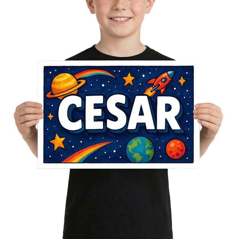 Cesar Name Art - Space Explorers personalized wall print for kids