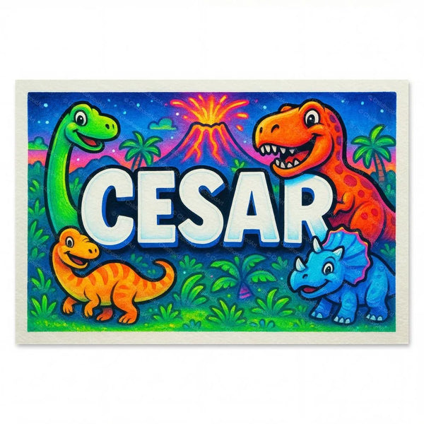 Personalized Cesar name art print in the Dinosaur adventure style