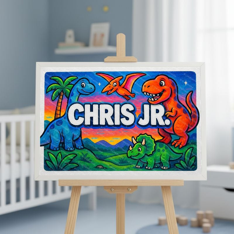 Chris Name Art - Dinosaur Adventure personalized wall print for kids