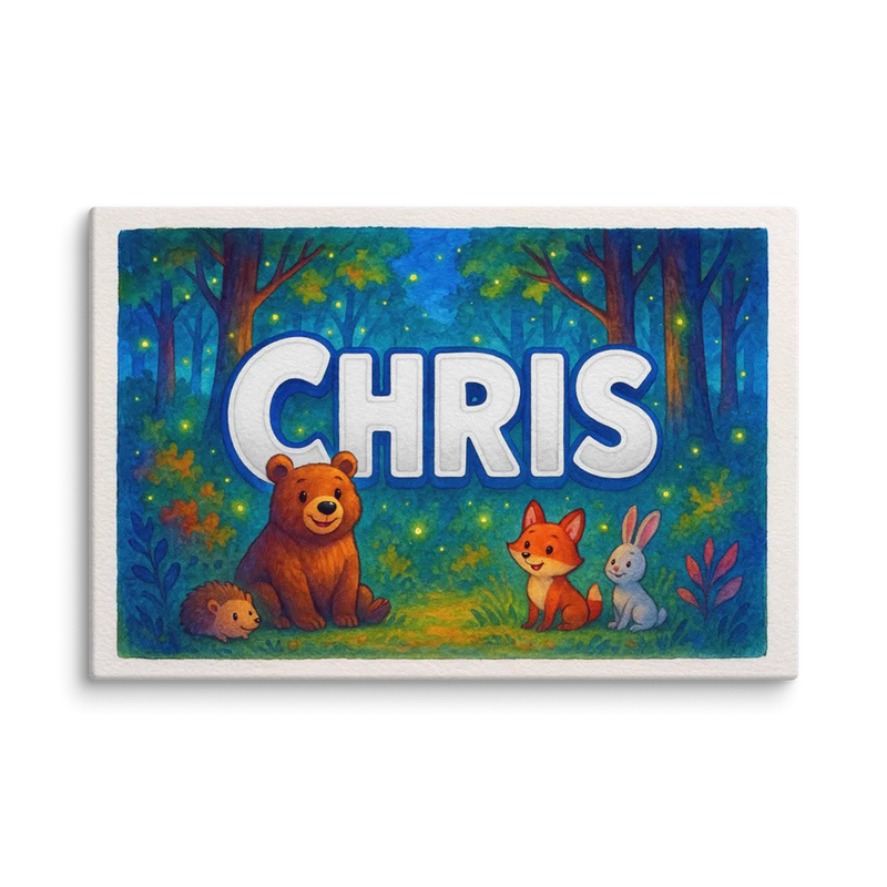 Chris Name Art - Forest Friends personalized wall print for kids