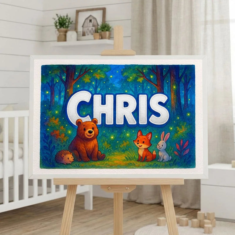 Chris Name Art - Forest Friends personalized wall print for kids