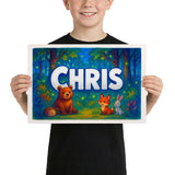 Chris Name Art - Forest Friends personalized wall print for kids