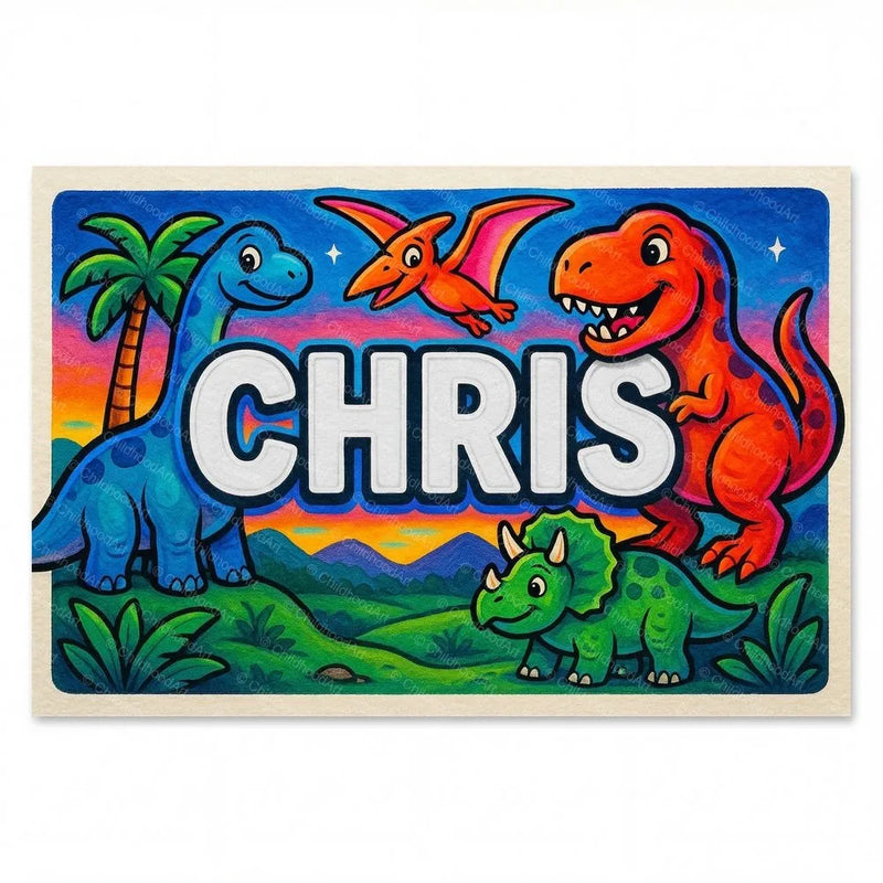 Chris Name Art - Dinosaur Adventure personalized wall print for kids