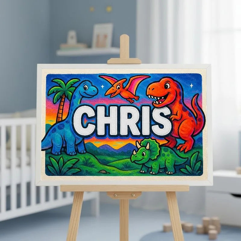 Chris Name Art - Dinosaur Adventure personalized wall print for kids