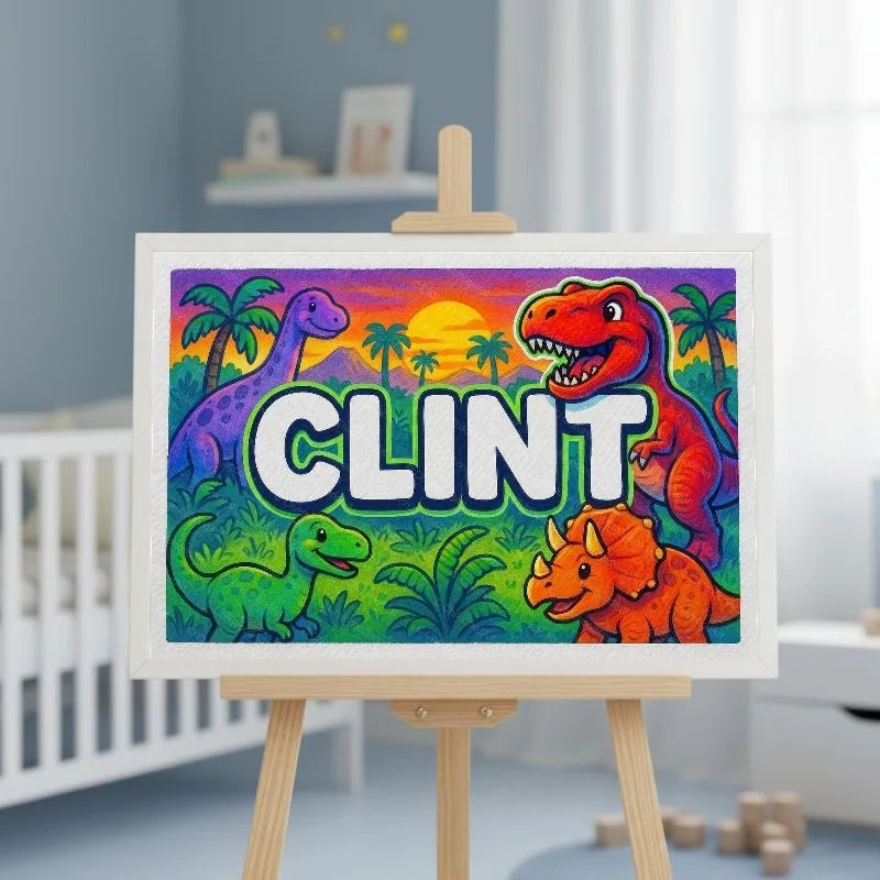 Clint Name Art - Dinosaur Adventure personalized wall print for kids