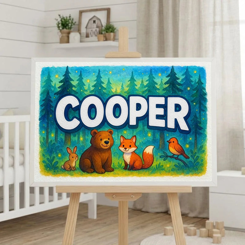Cooper Name Art - Forest Friends personalized wall print for kids
