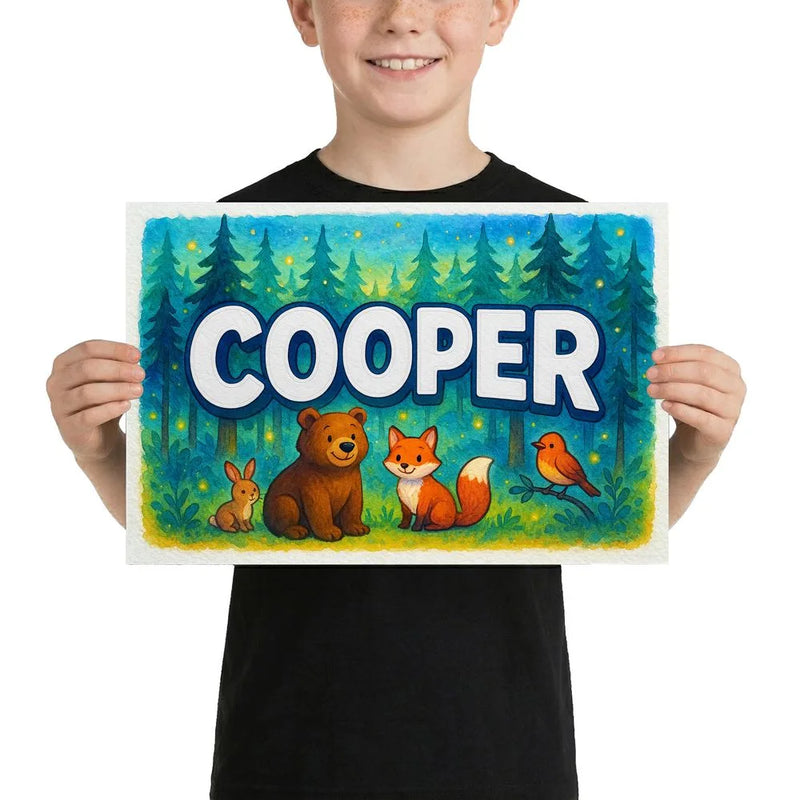 Cooper Name Art - Forest Friends personalized wall print for kids