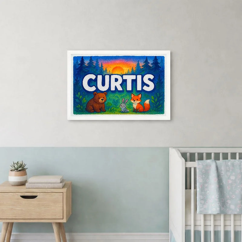 Curtis Name Art - Forest Friends personalized wall print for kids