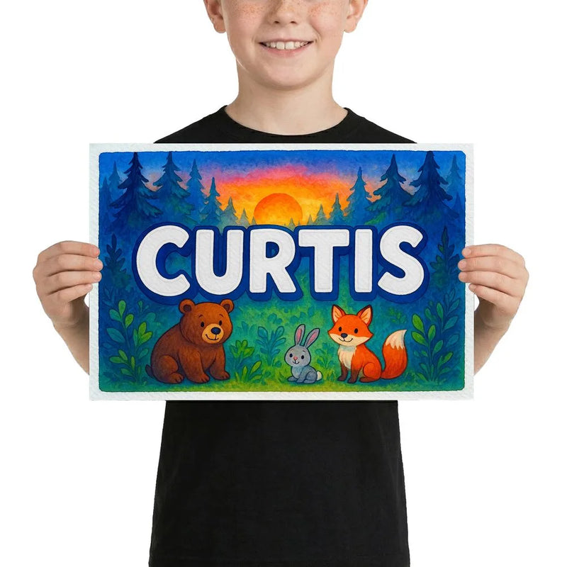Curtis Name Art - Forest Friends personalized wall print for kids